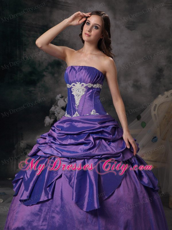 Strapless Taffeta Appliques Purple Dress for Quinceanera