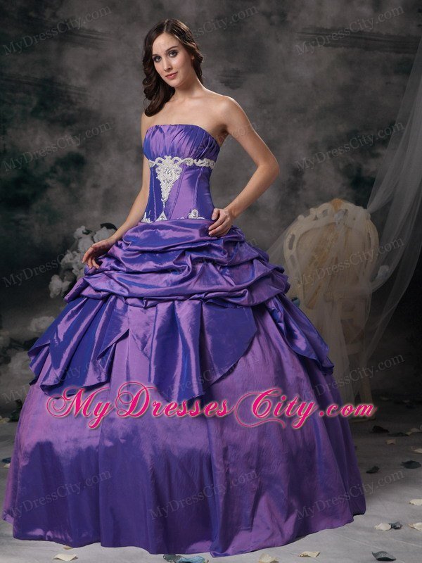 Strapless Taffeta Appliques Purple Dress for Quinceanera