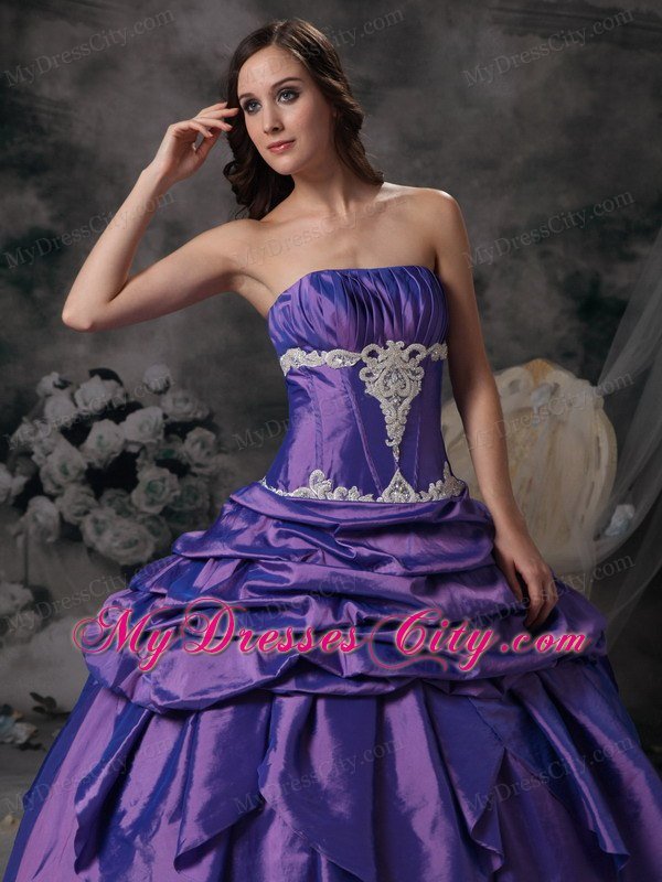 Strapless Taffeta Appliques Purple Dress for Quinceanera