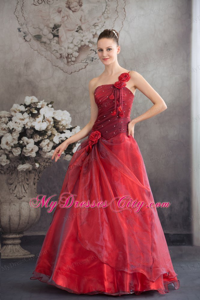 One Shoulder Strap Handmade Flowers A-line Red Sweet 16 Dress