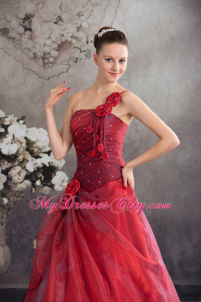 One Shoulder Strap Handmade Flowers A-line Red Sweet 16 Dress