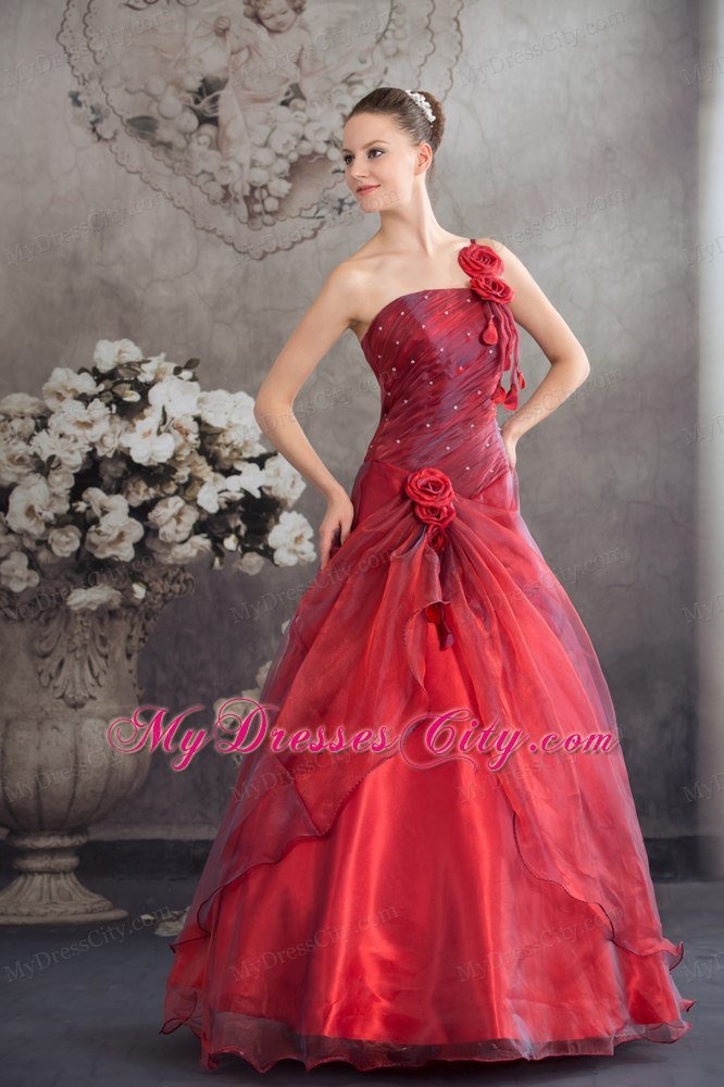 One Shoulder Strap Handmade Flowers A-line Red Sweet 16 Dress