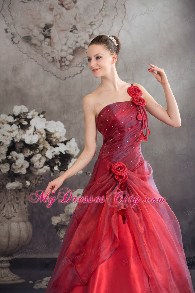 One Shoulder Strap Handmade Flowers A-line Red Sweet 16 Dress