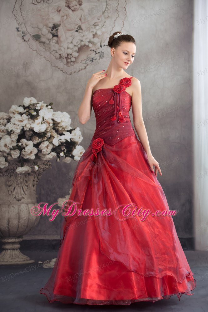 One Shoulder Strap Handmade Flowers A-line Red Sweet 16 Dress