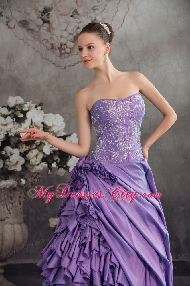 2013 New Style Ruffles Handmade Flowers Purple Quinceanera Gown