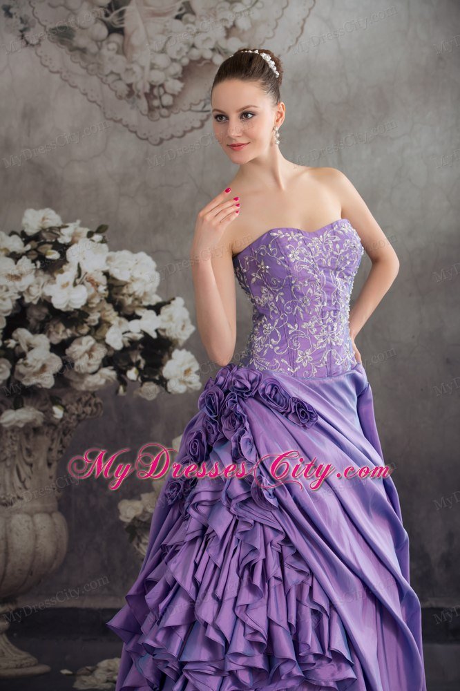 2013 New Style Ruffles Handmade Flowers Purple Quinceanera Gown