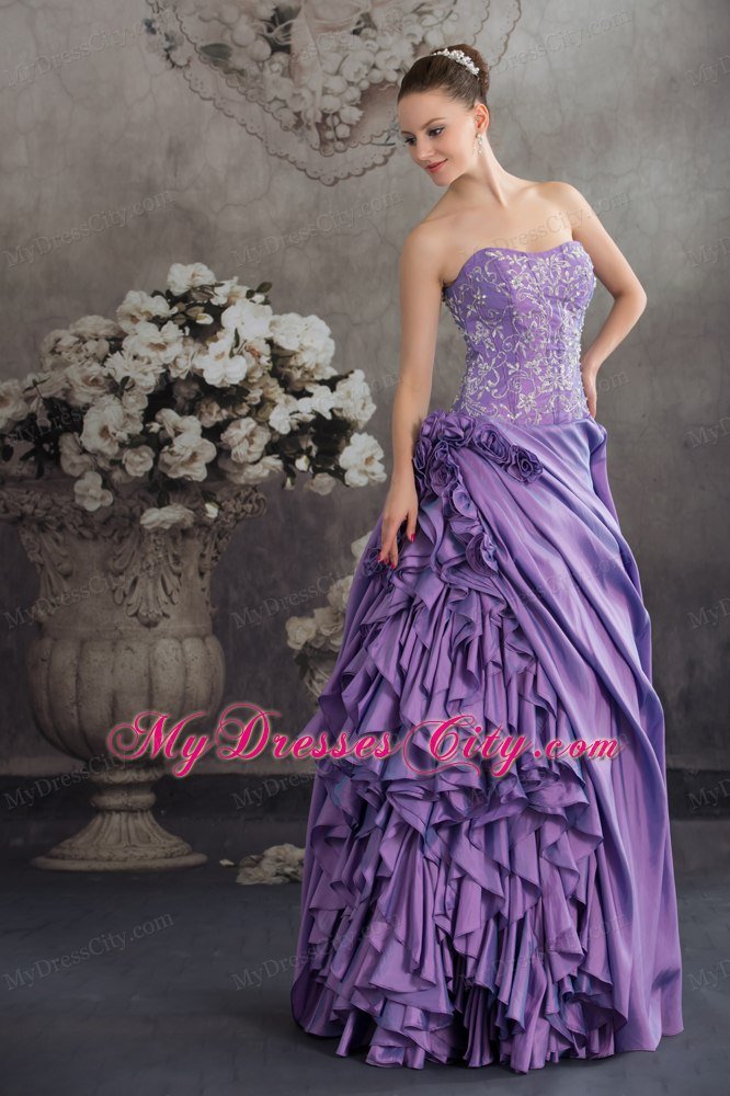 2013 New Style Ruffles Handmade Flowers Purple Quinceanera Gown