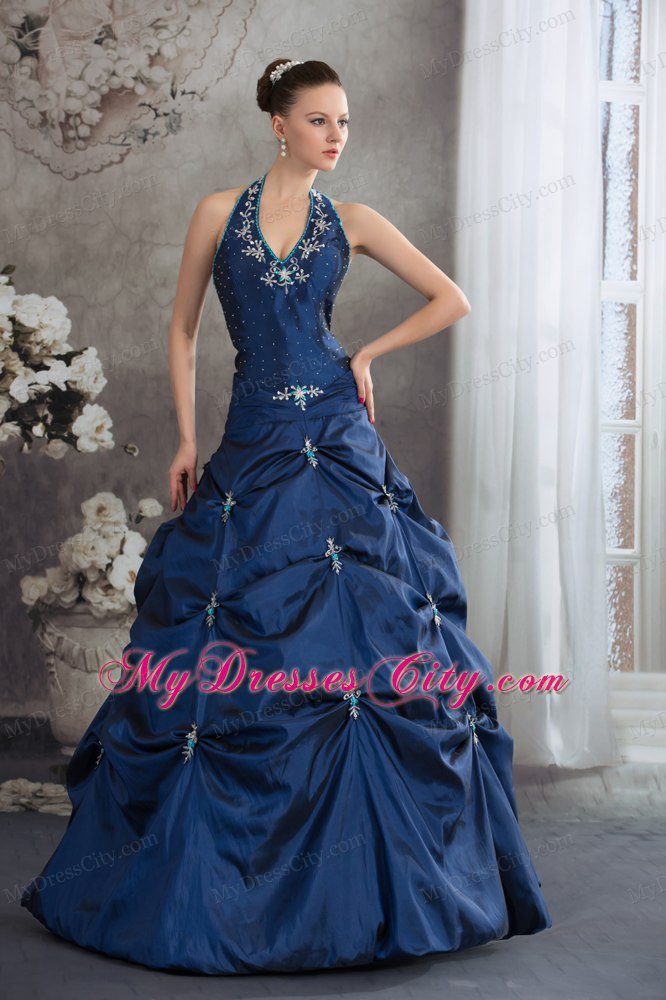 Taffeta Halter Top Beading Appliques Navy Blue Quinceanera Dress