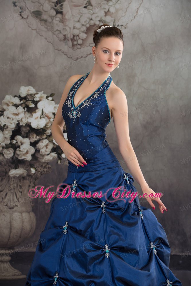 Taffeta Halter Top Beading Appliques Navy Blue Quinceanera Dress