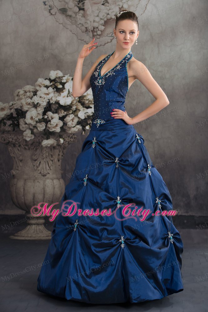 Taffeta Halter Top Beading Appliques Navy Blue Quinceanera Dress