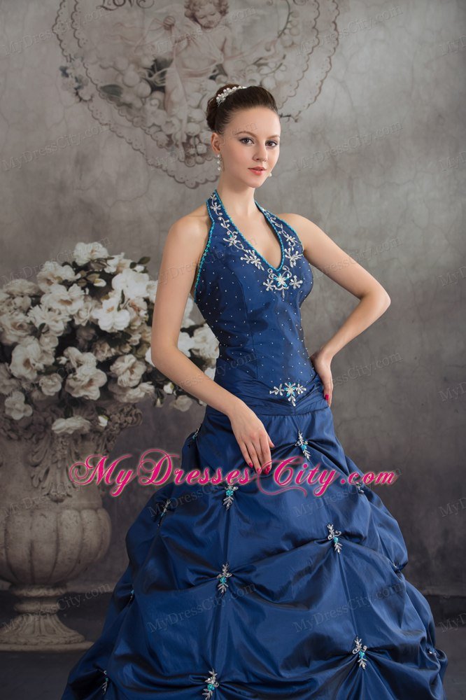 Taffeta Halter Top Beading Appliques Navy Blue Quinceanera Dress