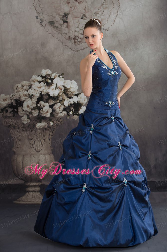 Taffeta Halter Top Beading Appliques Navy Blue Quinceanera Dress