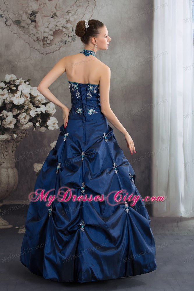 Taffeta Halter Top Beading Appliques Navy Blue Quinceanera Dress