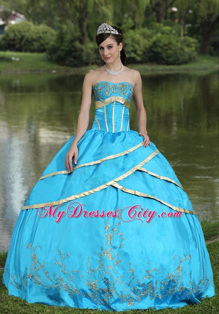 Hot Sale Strapless Embroidery Blue Quinceanera Gowns