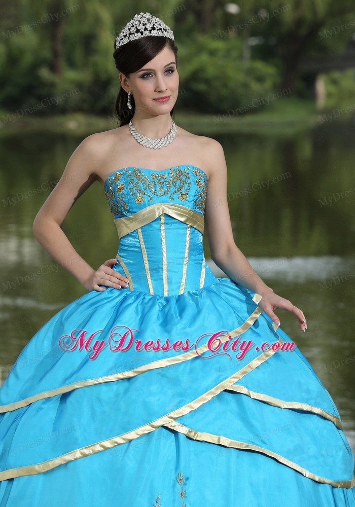 Hot Sale Strapless Embroidery Blue Quinceanera Gowns