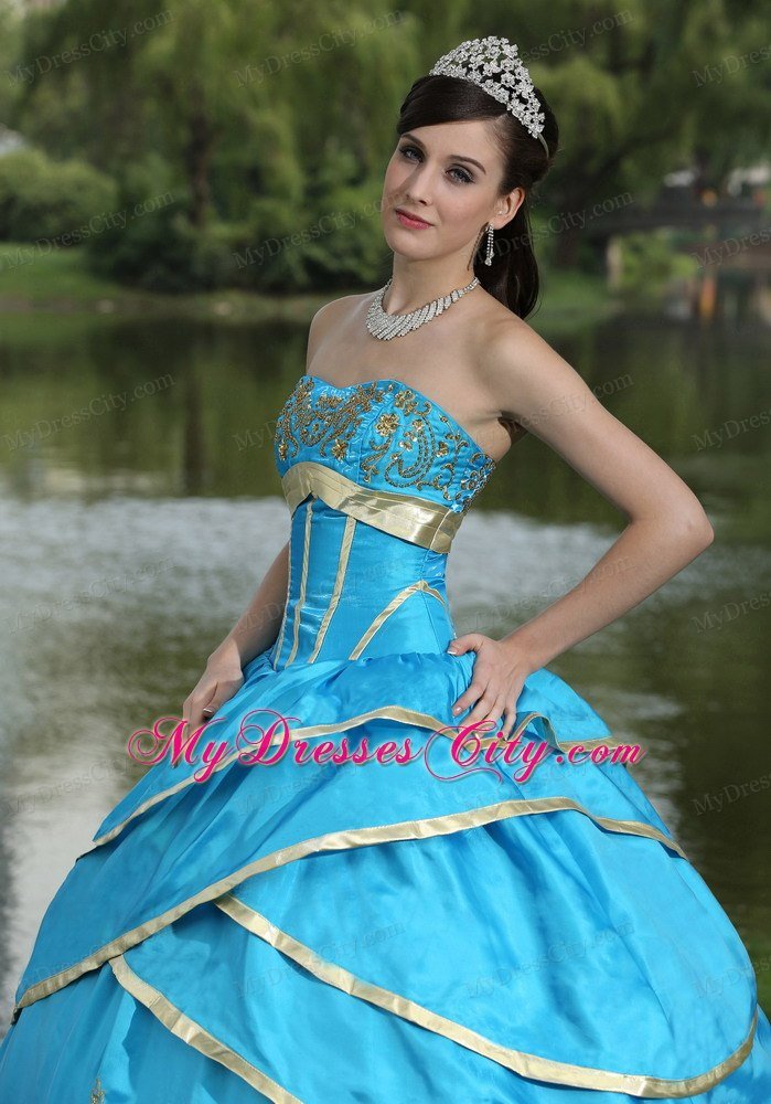 Hot Sale Strapless Embroidery Blue Quinceanera Gowns