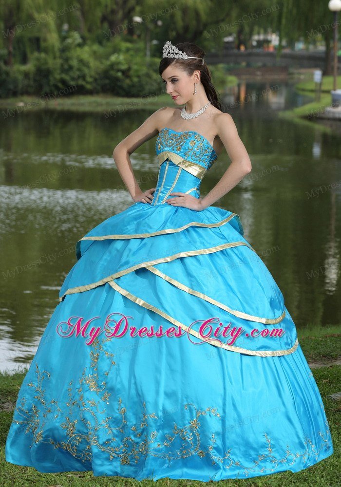 Hot Sale Strapless Embroidery Blue Quinceanera Gowns