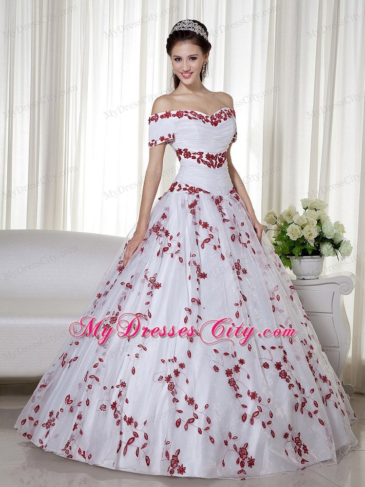 White and Red Off Shoulder Embroidery Ruched Quinceanera Dress