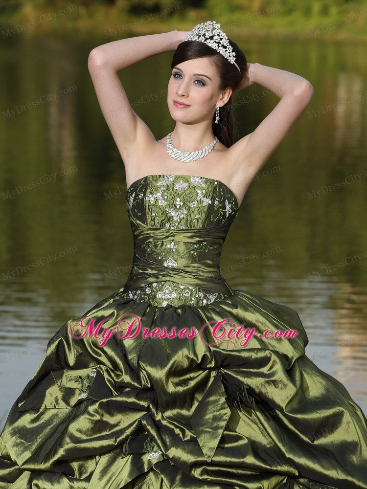 Strapless Taffeta Pick Ups Olive Green Quinceanera Dress With Beads