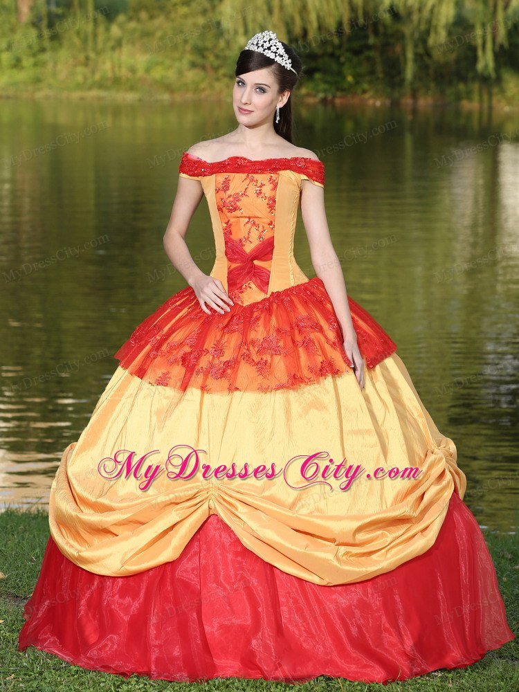 Red and Gold Off The Shoulder Pick Up 2013 Quinceanera Dress