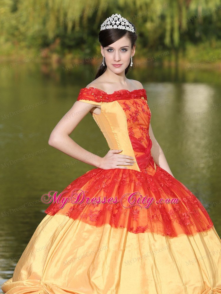 Red and Gold Off The Shoulder Pick Up 2013 Quinceanera Dress