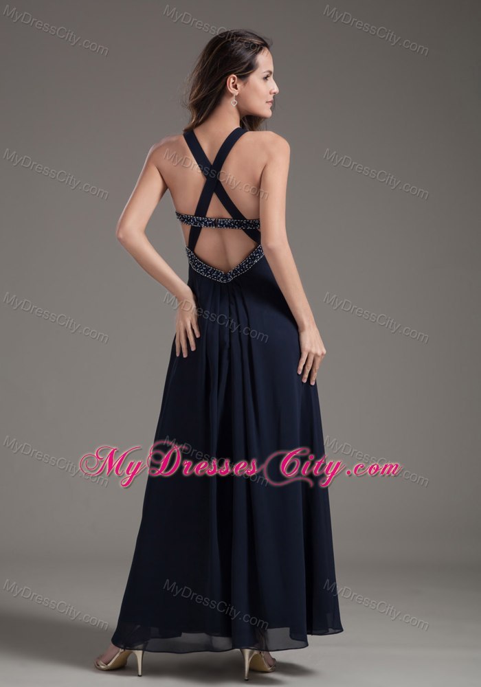 Straps Empire Cross Back Navy Prom Dress with Beading