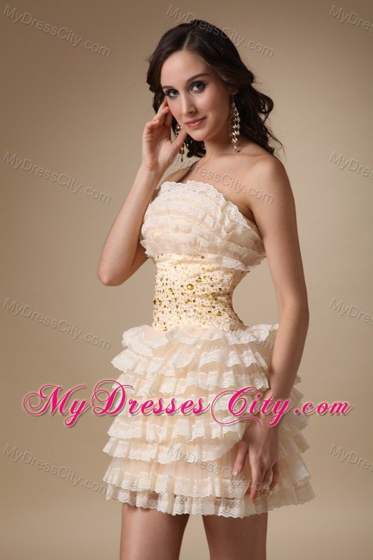 Champagne Sheath Strapless Mini-length Tiered Cocktail Dress