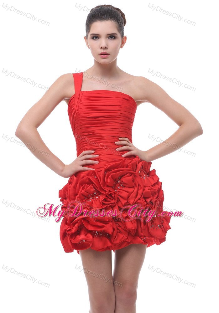 One Shoulder Cocktail Dress with Ruffled Hand Made Flowers