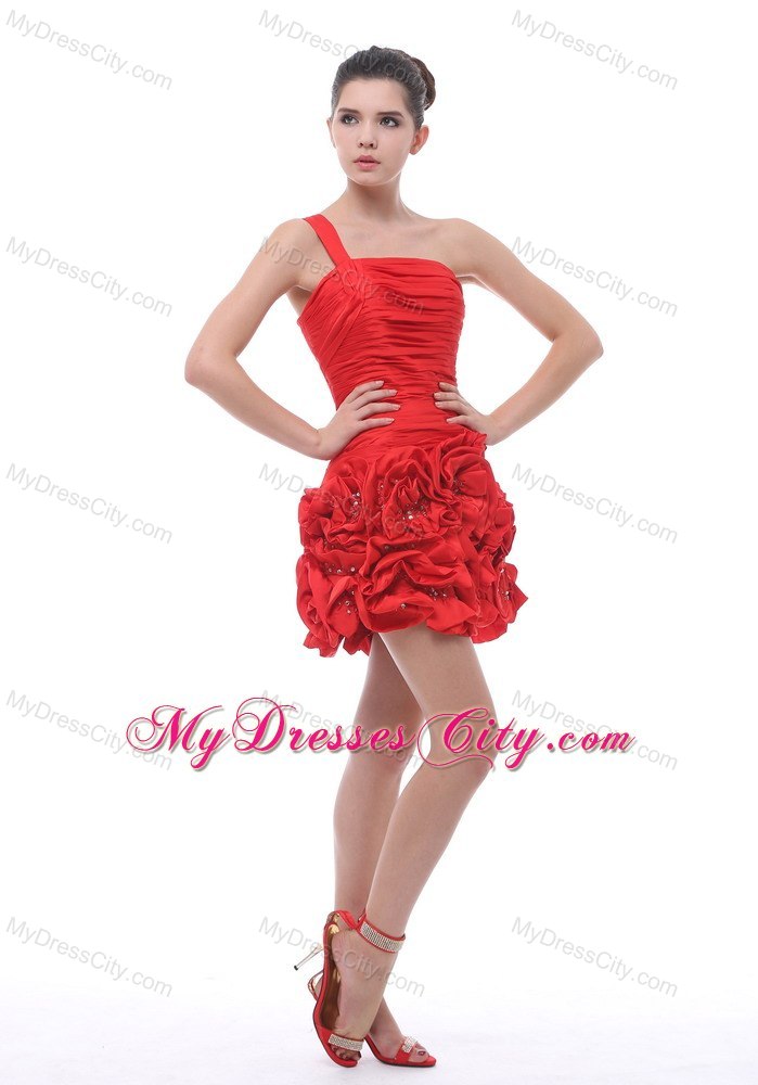 One Shoulder Cocktail Dress with Ruffled Hand Made Flowers