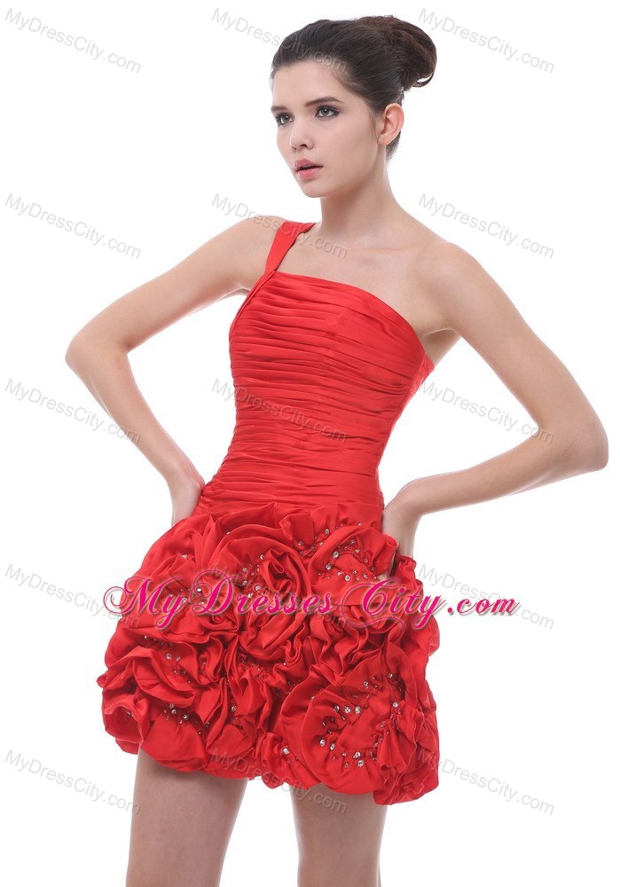 One Shoulder Cocktail Dress with Ruffled Hand Made Flowers