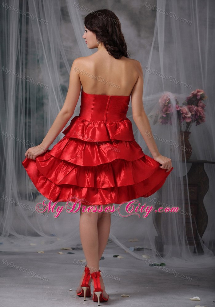 Red A-line Strapless Knee-length Ruffled Layers Cocktail Dress