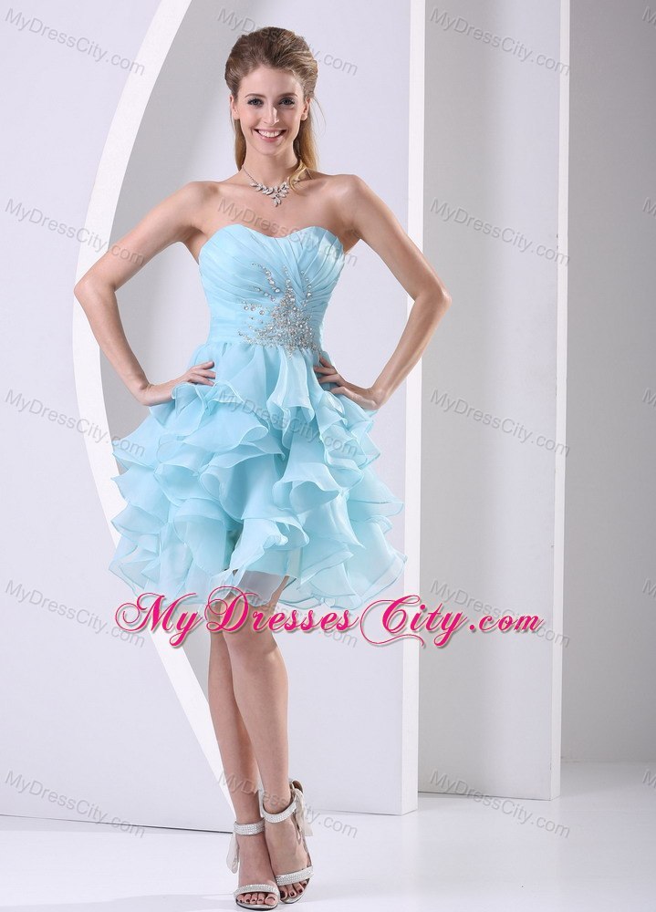 Light Blue Pleated Sweetheart Flouncing Cocktail Dress