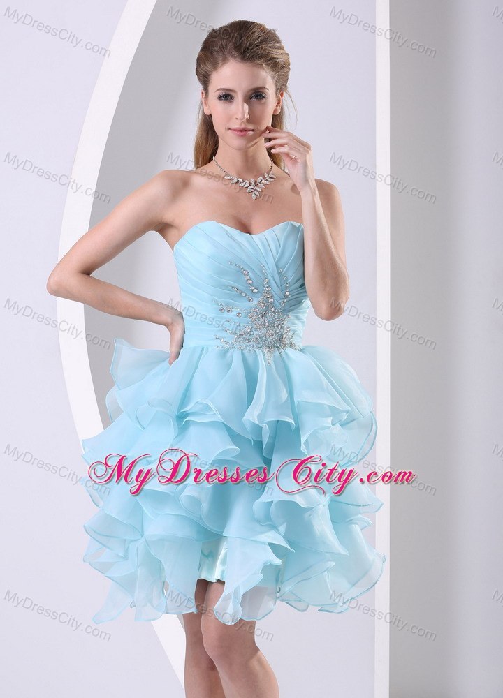 Light Blue Pleated Sweetheart Flouncing Cocktail Dress