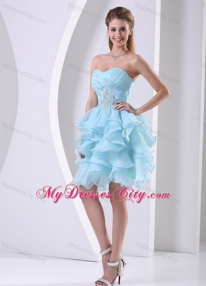 Light Blue Pleated Sweetheart Flouncing Cocktail Dress