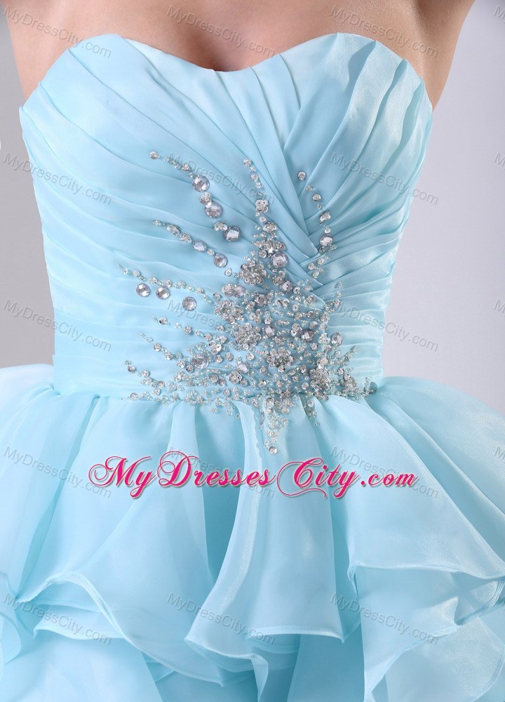 Light Blue Pleated Sweetheart Flouncing Cocktail Dress