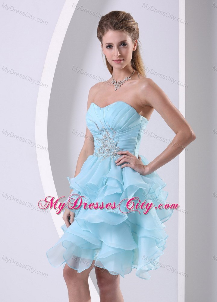 Light Blue Pleated Sweetheart Flouncing Cocktail Dress