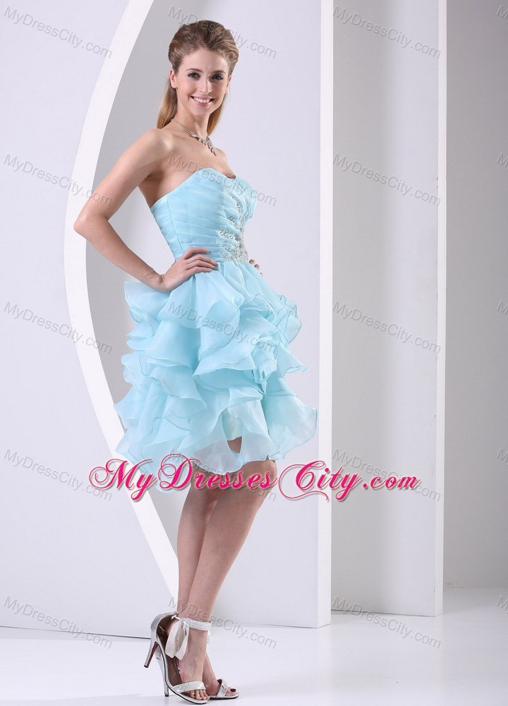 Light Blue Pleated Sweetheart Flouncing Cocktail Dress