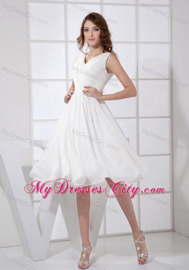 Pure V-neck Chiffon Knee-length Zipper Up back Prom Cocktail Dress