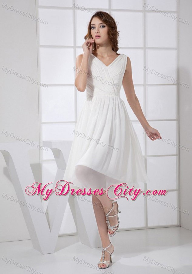 Pure V-neck Chiffon Knee-length Zipper Up back Prom Cocktail Dress