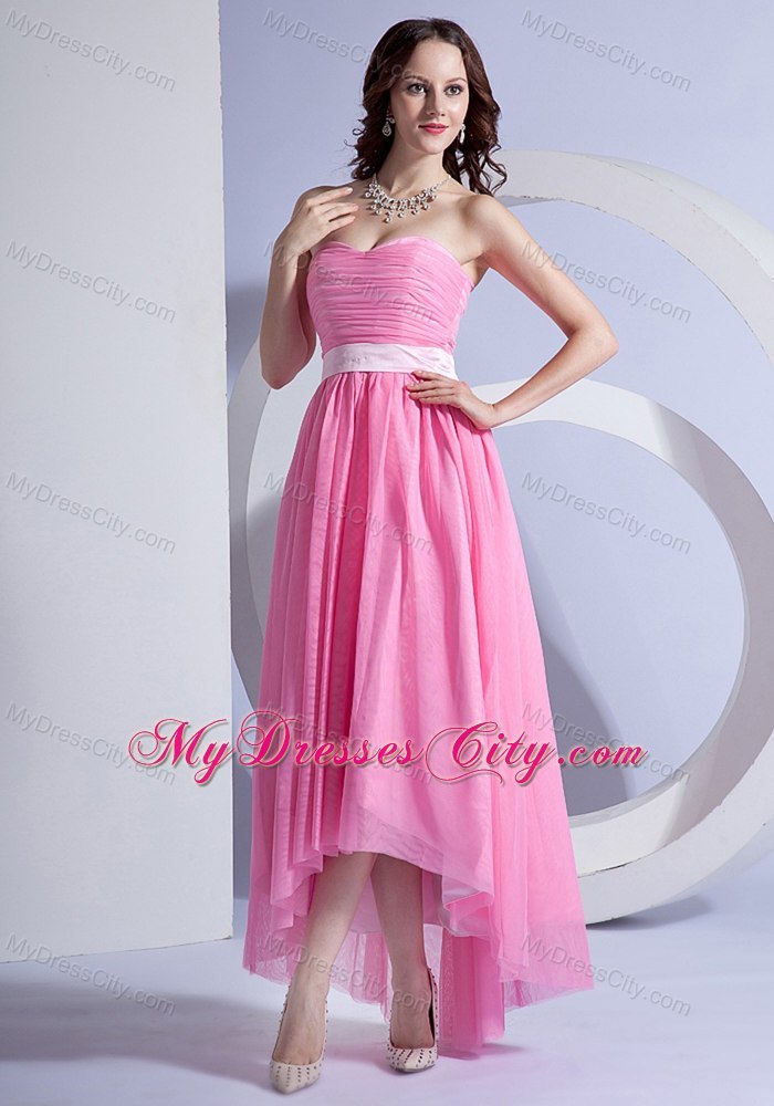 High-low Sweetheart Ruching Pink Chiffon Cocktail Dress for Celebrity