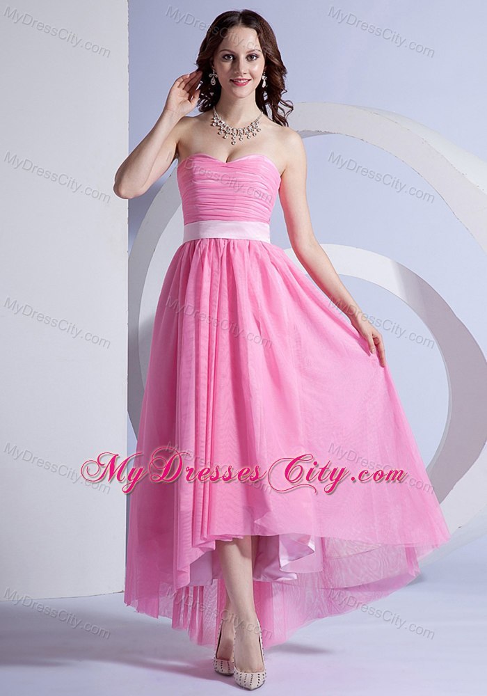 High-low Sweetheart Ruching Pink Chiffon Cocktail Dress for Celebrity