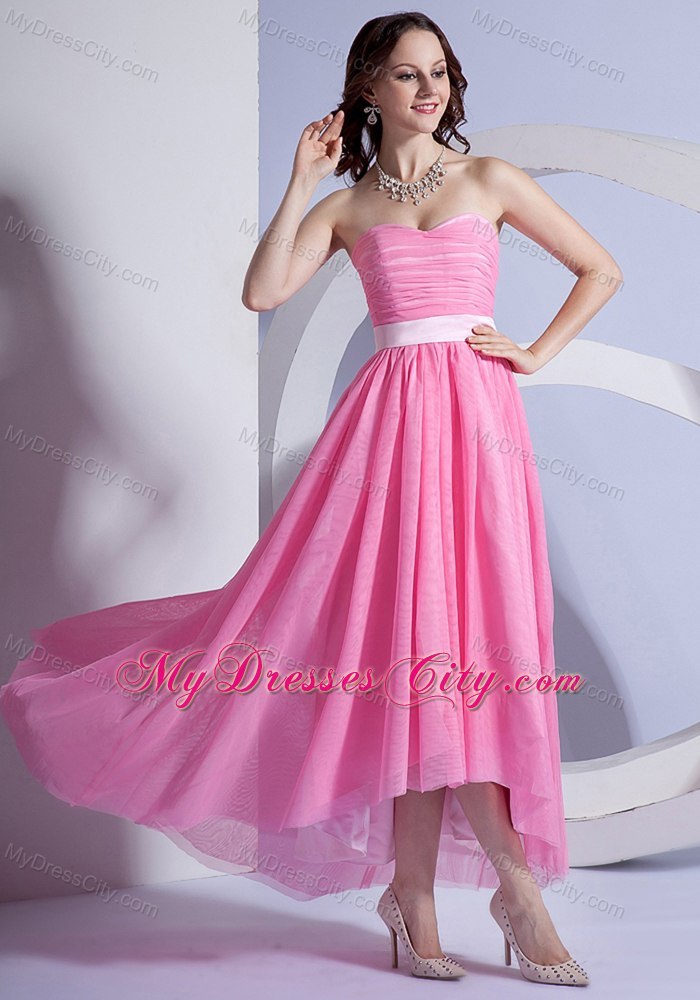 High-low Sweetheart Ruching Pink Chiffon Cocktail Dress for Celebrity