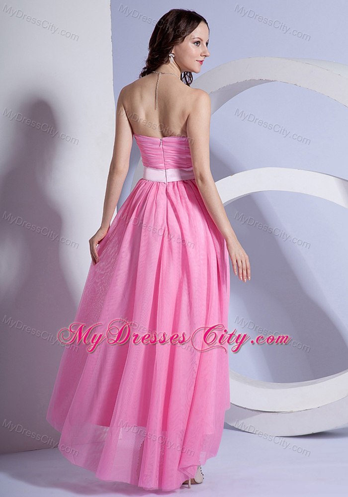 High-low Sweetheart Ruching Pink Chiffon Cocktail Dress for Celebrity