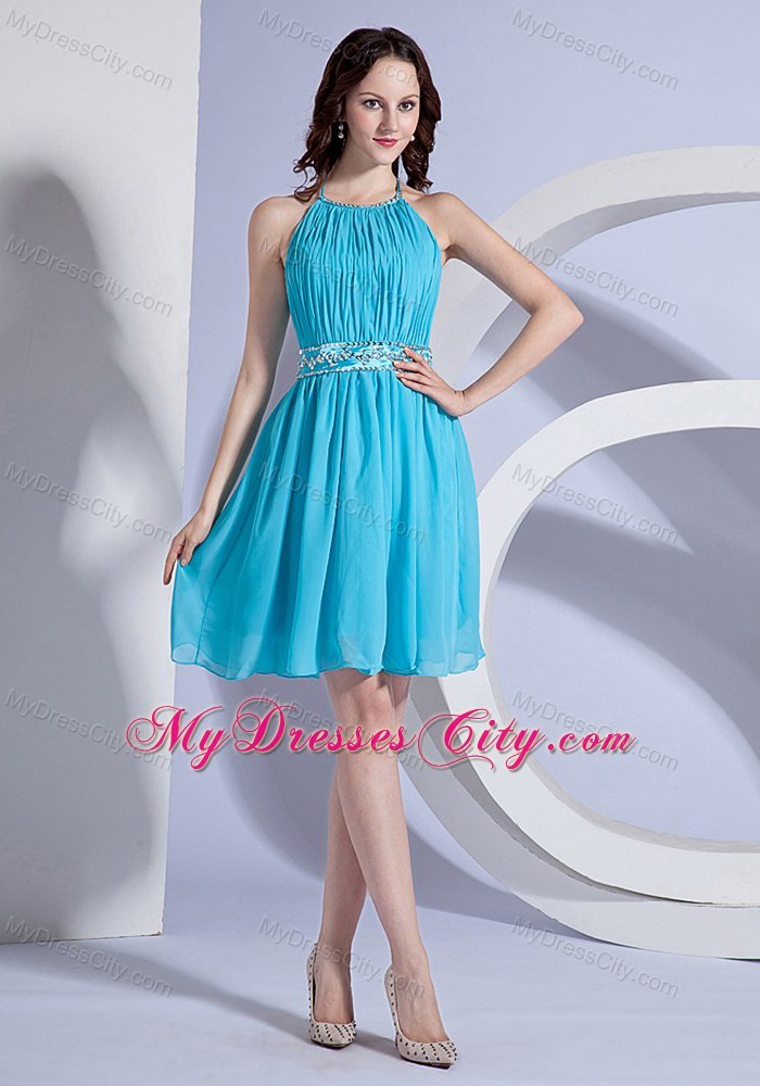 Halter Beading and Ruching Aqua Blue Chiffon Knee-length Cocktail Dress