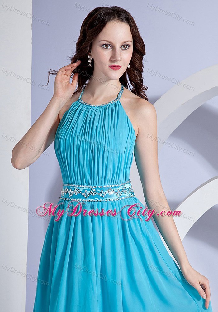 Halter Beading and Ruching Aqua Blue Chiffon Knee-length Cocktail Dress