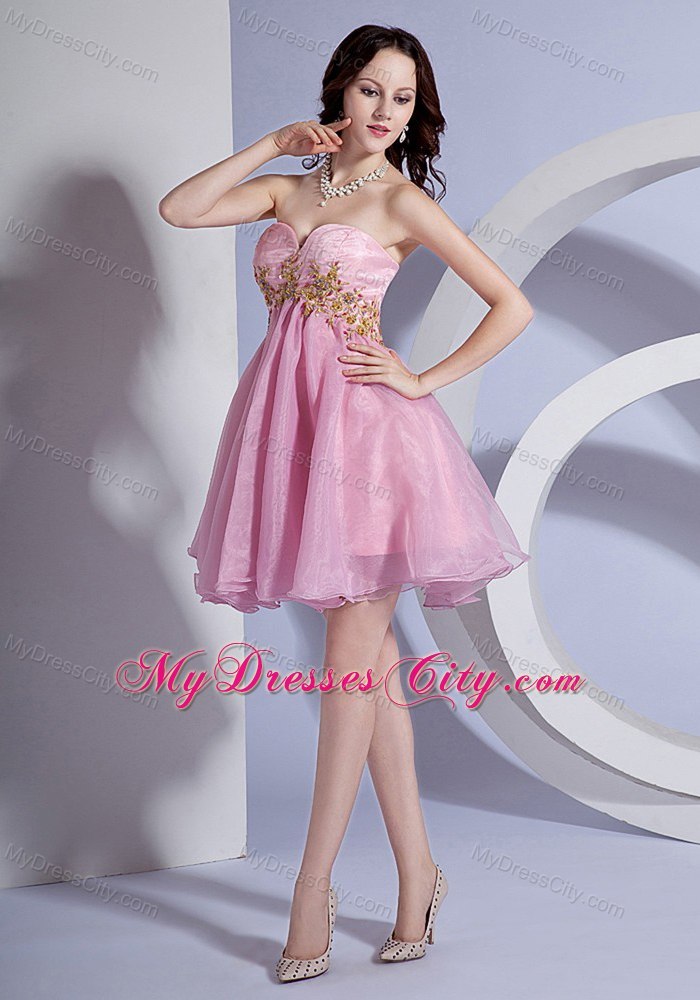 Appliques Sweetheart Neckline Organza Mini-length Pink Cocktail Dress