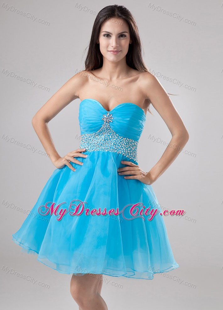 Sweetheart Mini-length Organza Blue Prom Cocktail Dresses with Beading