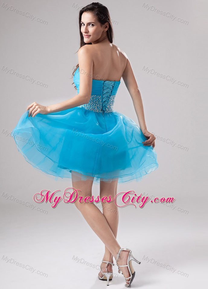 Sweetheart Mini-length Organza Blue Prom Cocktail Dresses with Beading