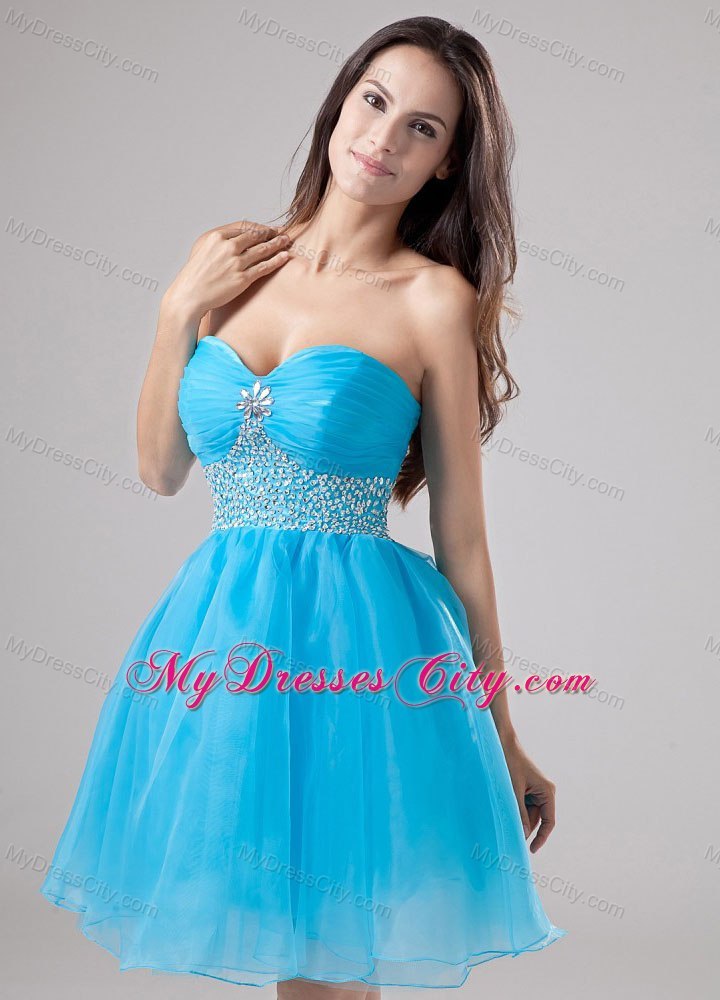 Sweetheart Mini-length Organza Blue Prom Cocktail Dresses with Beading