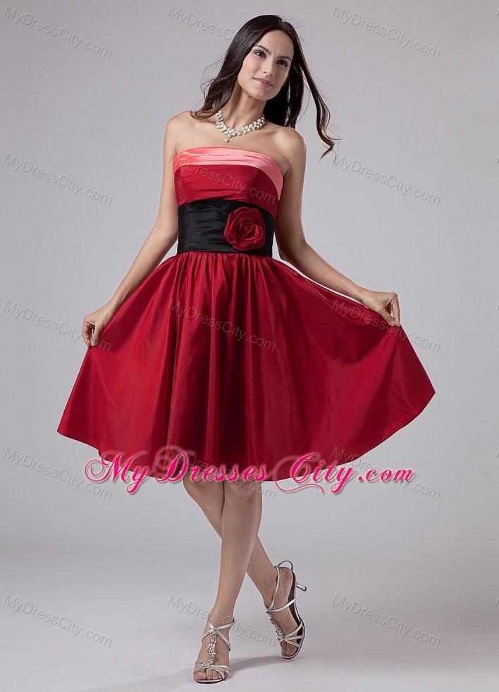 Hand Made Flowers Strapless Knee-length Taffeta Wine Red Cocktail Dresses